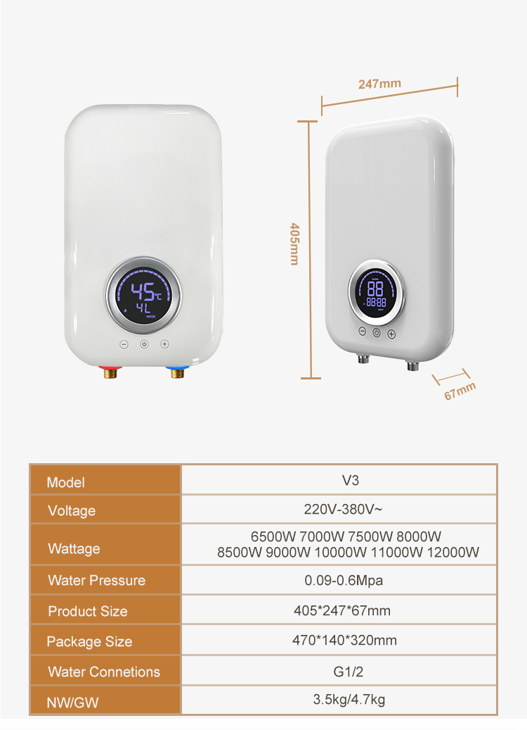Elektrische doorstromer / waterverwarmer 3-fasen 380V-12kW Model V3-120 - Afbeelding 9