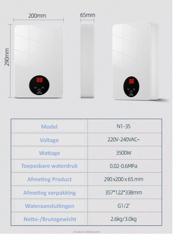 Elektrische doorstromer / geiser 3500W - 230V - model N1-35-55 - Afbeelding 5