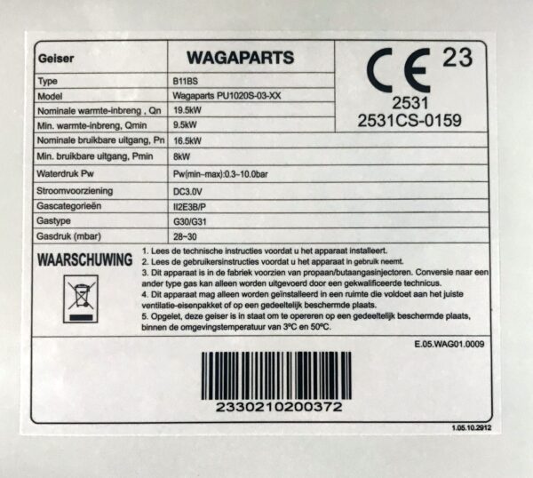 Wagaparts PU1020S-03-XX 10 liter geiser PROPAAN / BUTAAN - Afbeelding 15