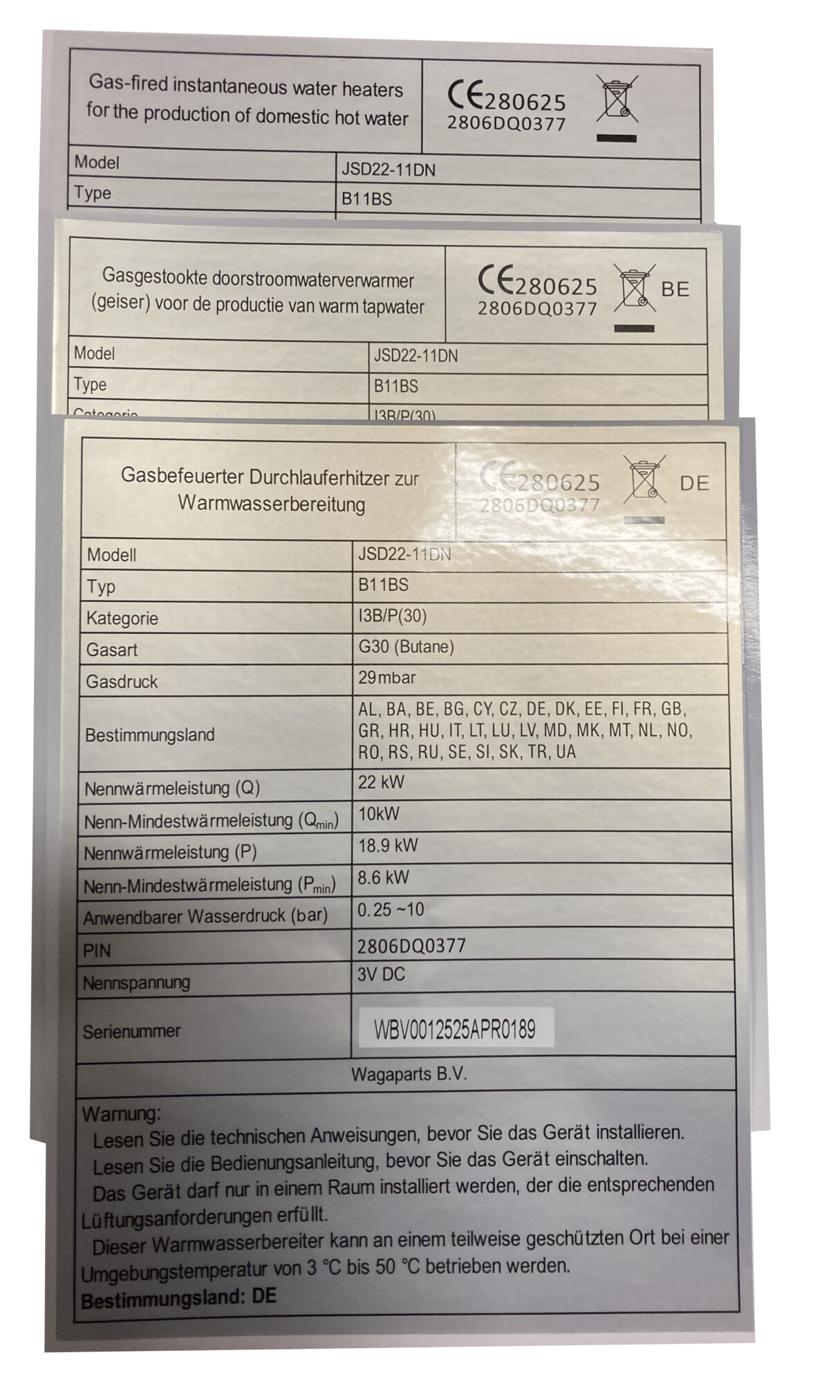 Wagaparts JSD22-11DN modulerende 11 liter geiser PROPAAN / BUTAAN - Afbeelding 9
